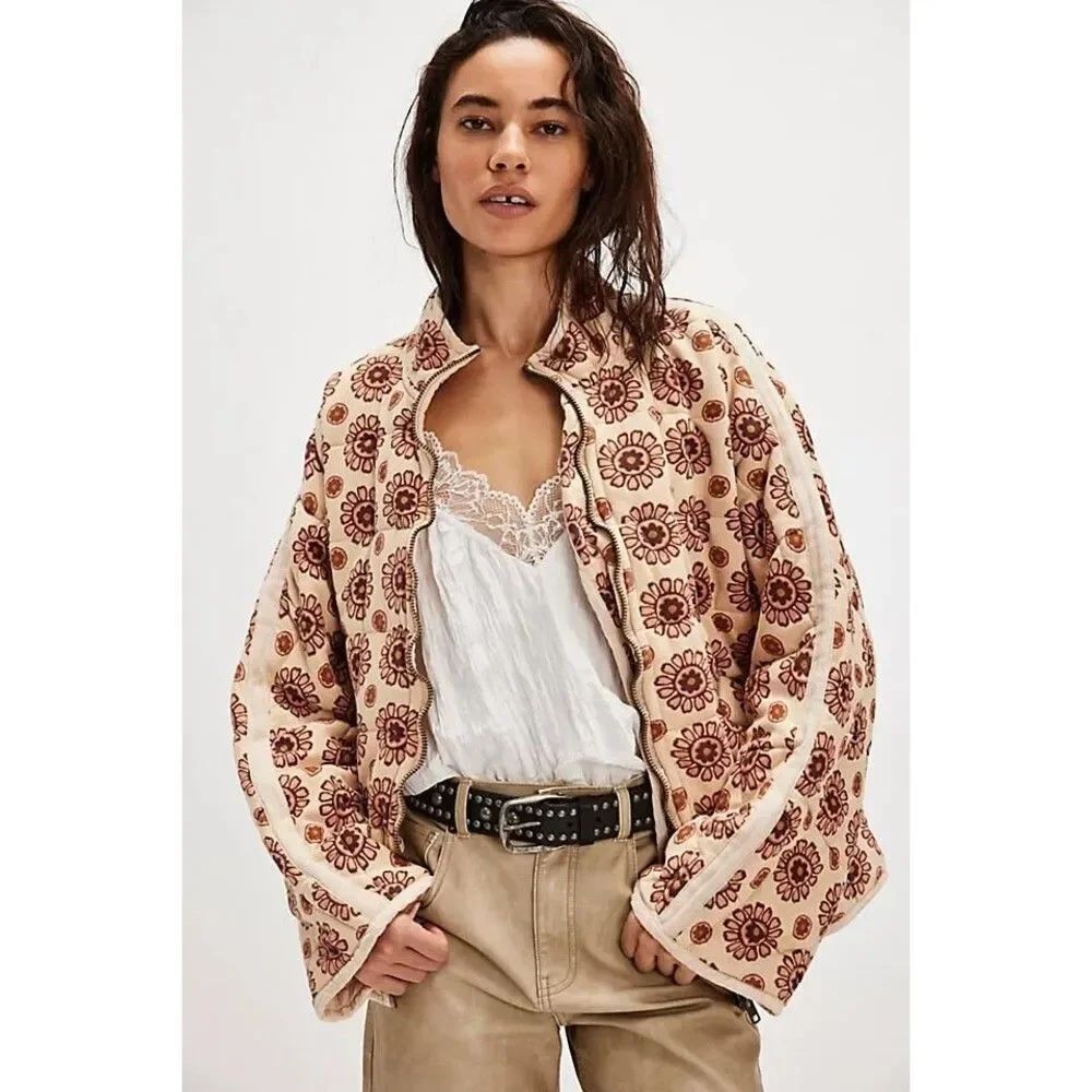 Free People Printed Dolman Quilted Knit Jacket Floral Beige Medium NEW
